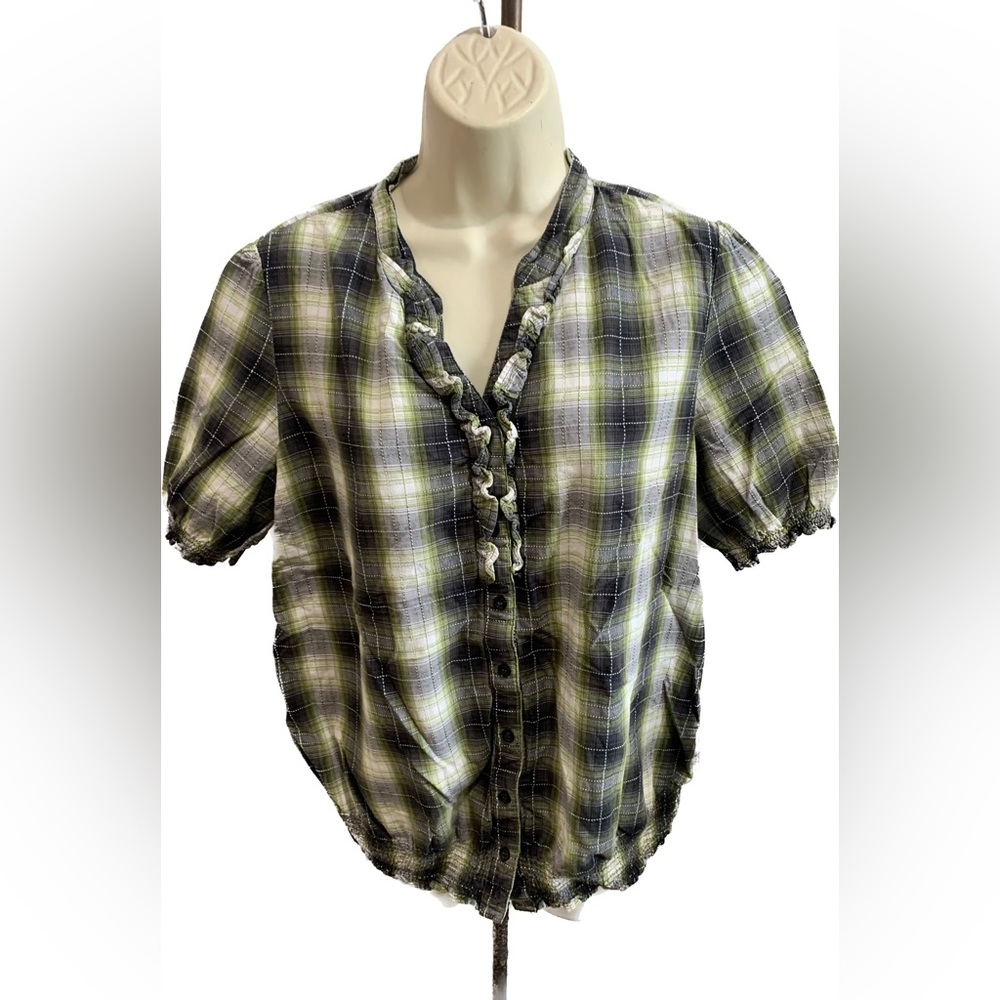 Just My Size Shirt Womens Green Plaid Cap Sleeve Button Up Tunic Top Size XL‎